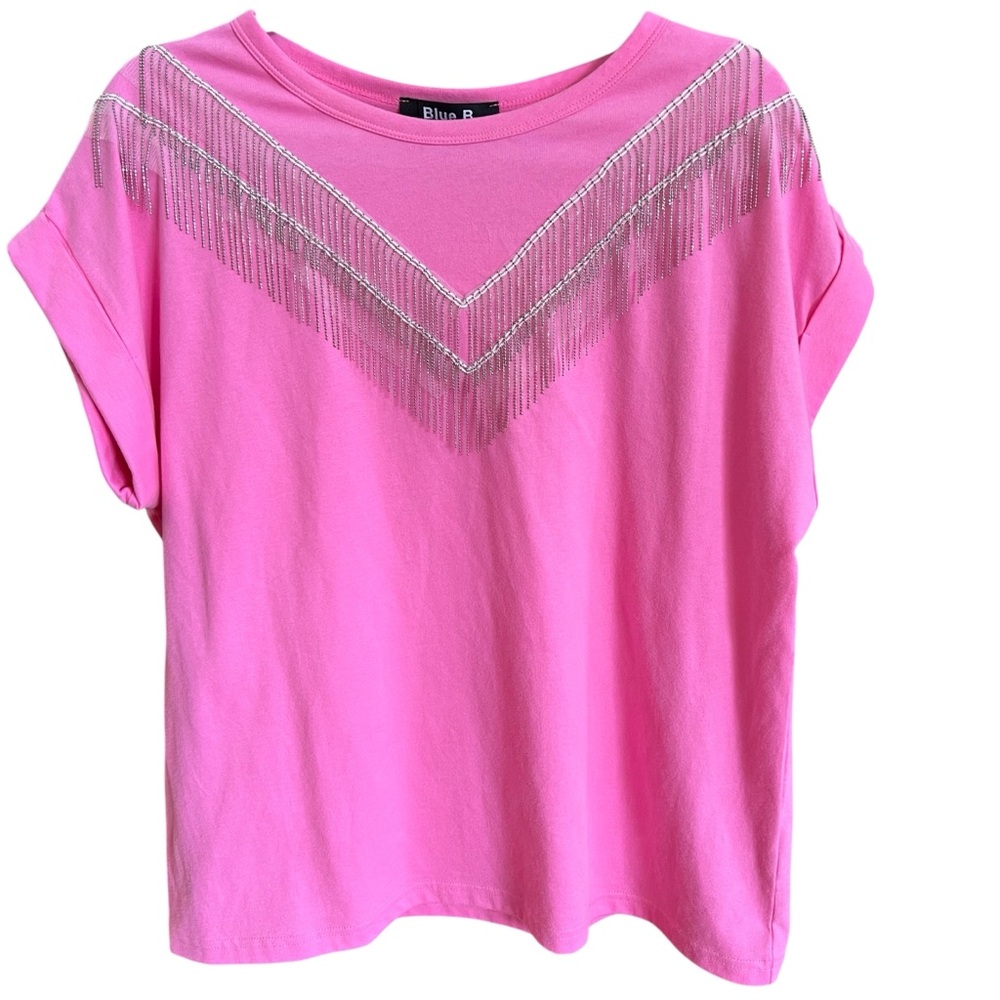 NEW blue b Collection Bubblegum Pink & Silver Ball Bearing Chain Fringe T-shirt - Picture 3 of 4